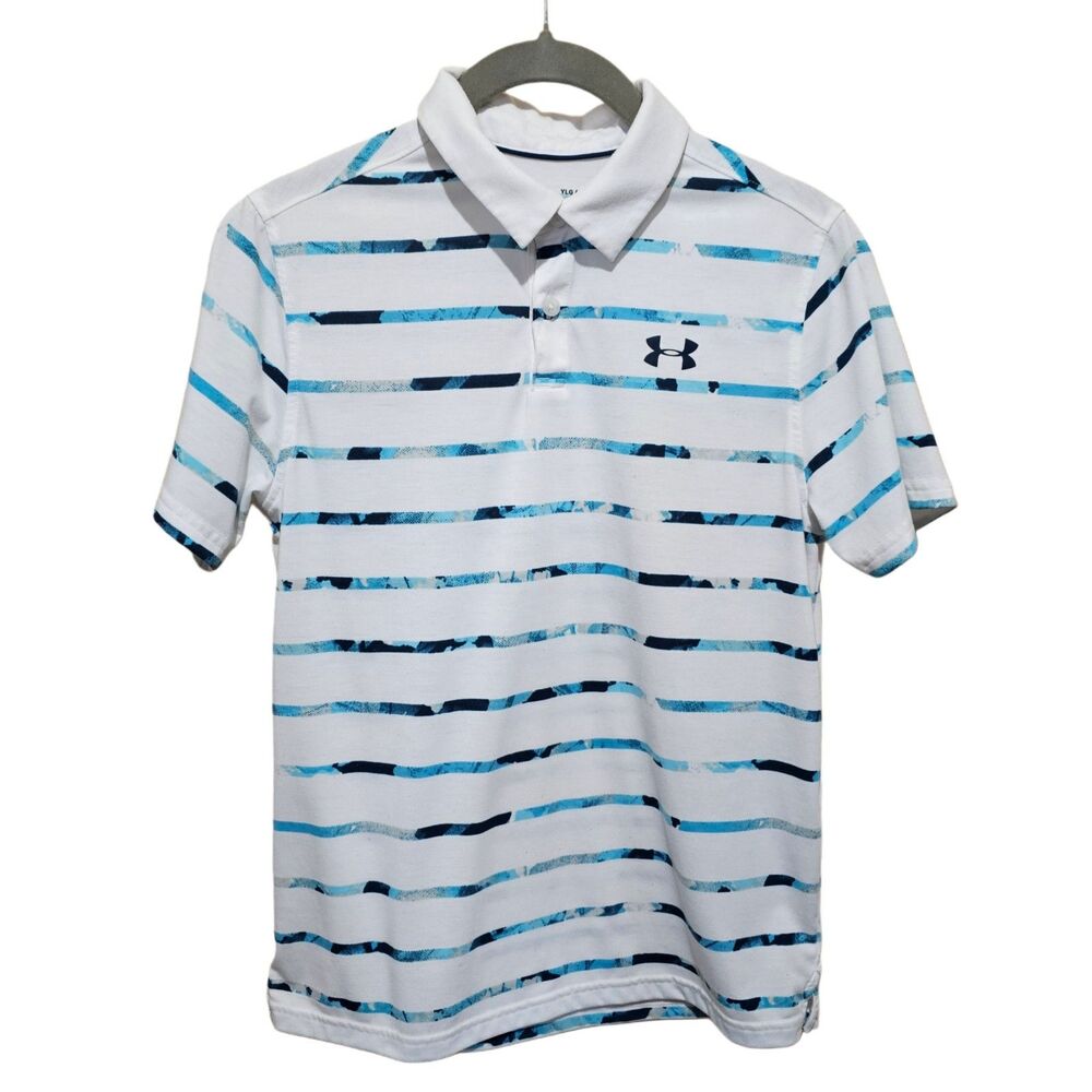 Boys Youth Large Under Armour Golf Polo Heat Gear Light Blue/White Short Sleeve